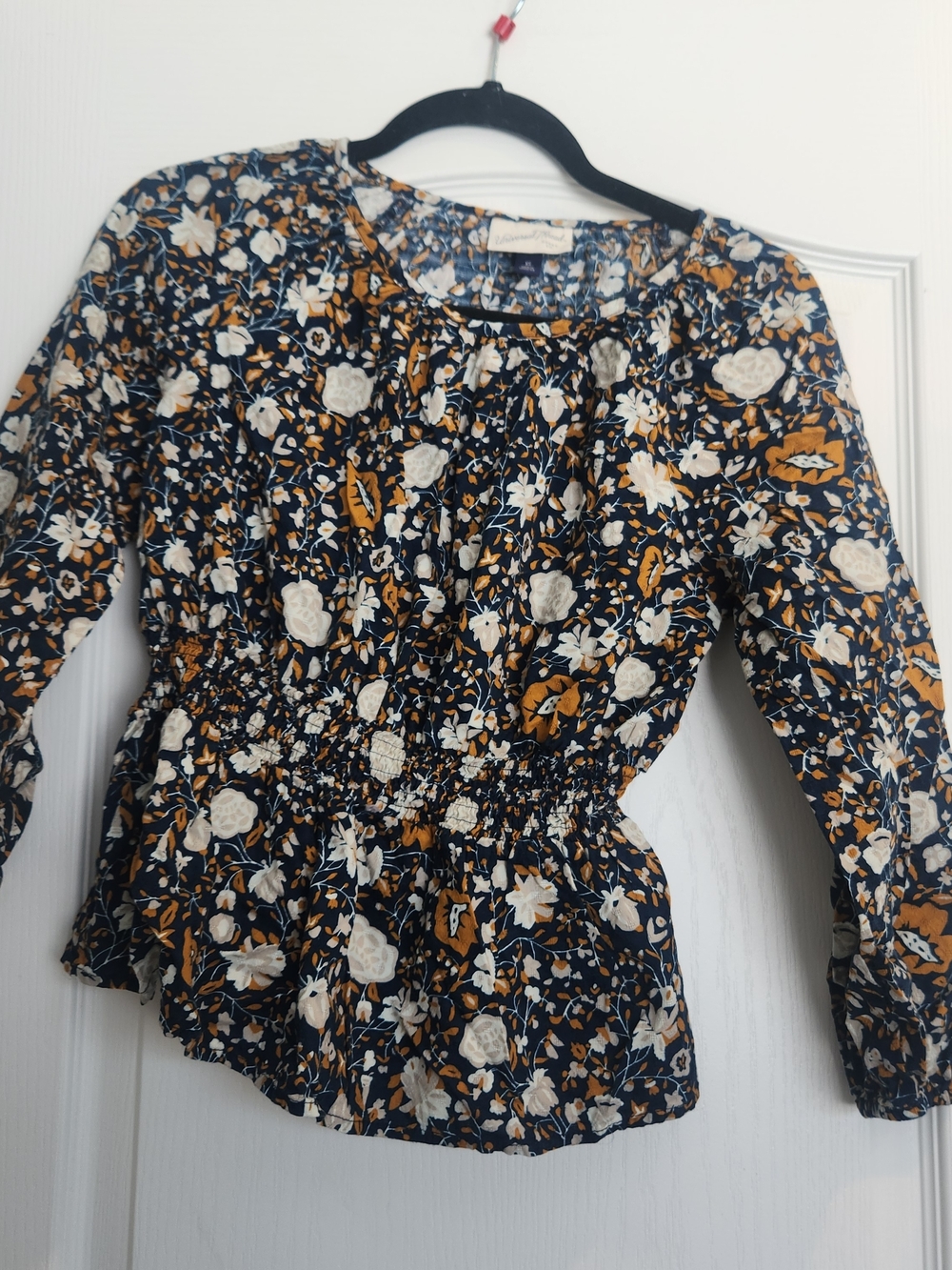 Universal Thread Navy Floral Smocked Waist Long Sleeve Blouse XS Euc